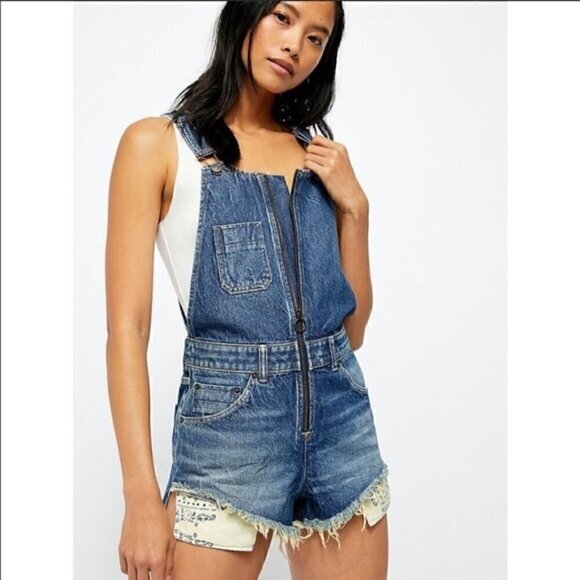 Free People Sunkissed Denim Short Shortalls Overalls Blue - Picture 1 of 11
